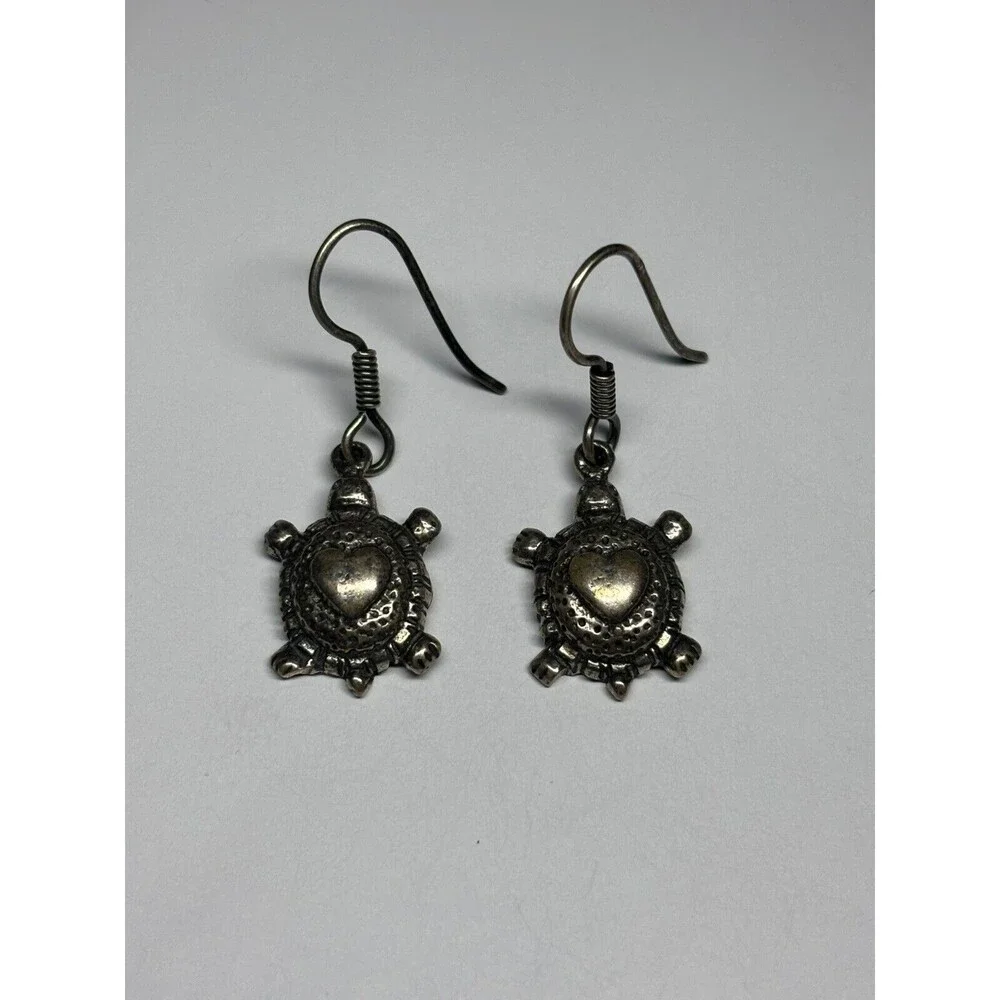Vintage Sterling Silver 925 Earrings Turtle With Heart On Back Dangle Unique EFS